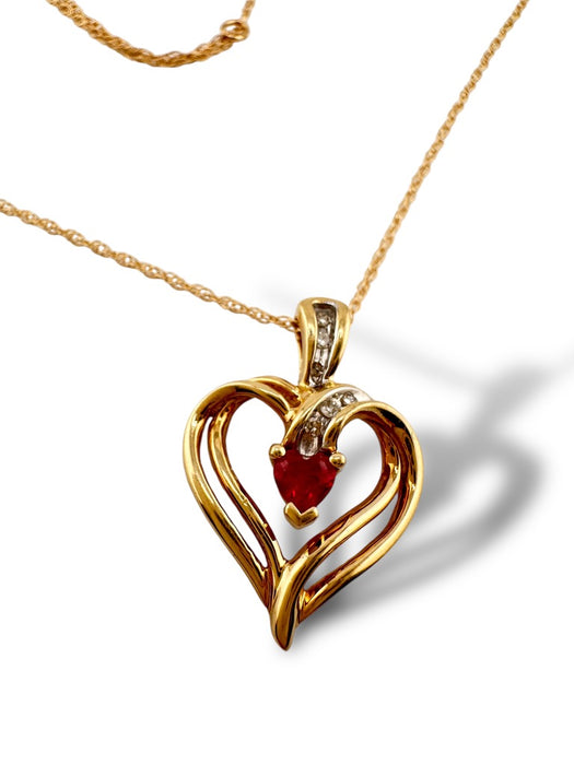 Pendant Necklace in Ruby & Diamond Swirl Heart Pendant 10k Yellow Gold-EZ Jewelry and Decor