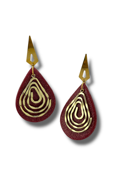 Red Gold Geometric Teardrop Statement Earrings – Handmade Polymer Clay , 3.5”