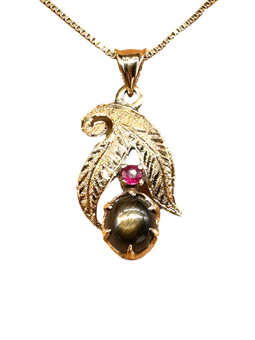 Necklace 18k Gold & Ruby Pendant Necklace with a Smoky Quartz Gemstone in Center, 1in, with 14k Chain. 15"-EZ Jewelry and Decor