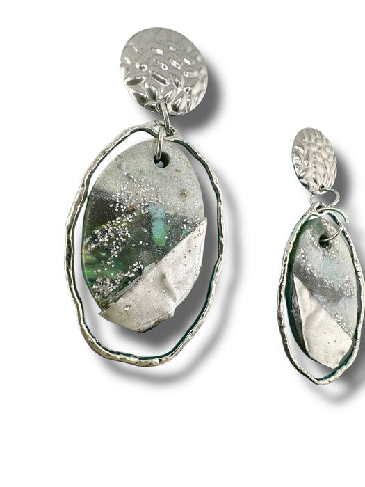 Modern Geometric Polymer Clay Earrings – Silver, Grey, Green | Handmade 2” Statement Jewelry - EZ Art, Decor & Jewelry