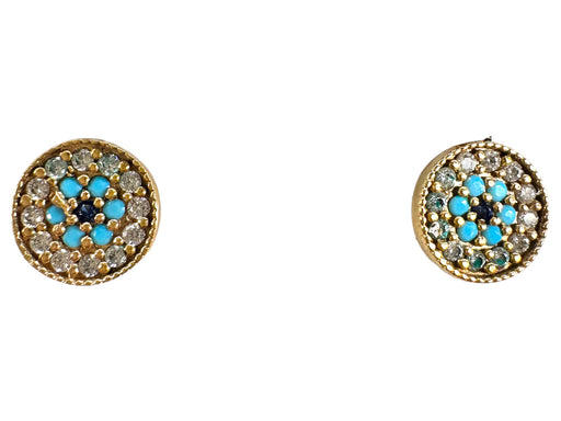 18k Gold Earrings Mandala with Turquoise  & Clear Crystal Stud Earrings-EZ Jewelry and Decor