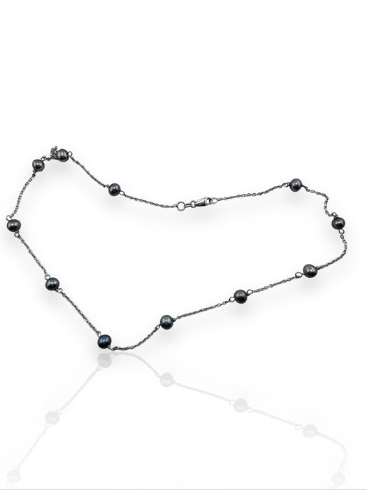 14K White Gold & Natural Black Pearl Choker Necklace. 16"-EZ Jewelry and Decor