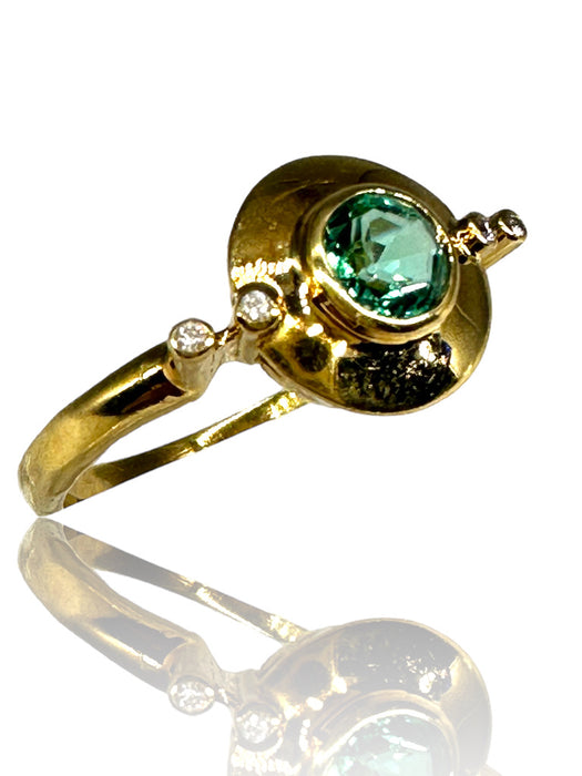 18k Gold and Diamond Gorgeous Unique Ring, with a Blue-Green Zircon Size 7-EZ Jewelry and Decor