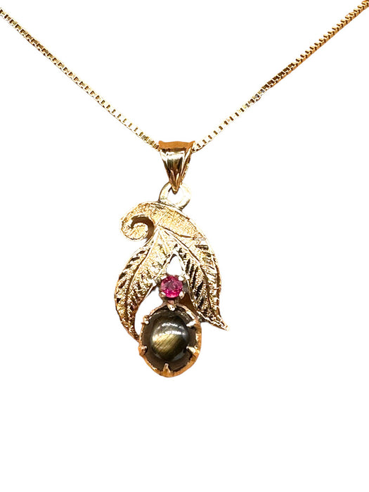 Necklace 18k Gold & Ruby Pendant Necklace with a Smoky Quartz Gemstone in Center, 1in, with 14k Chain. 15"-EZ Jewelry and Decor