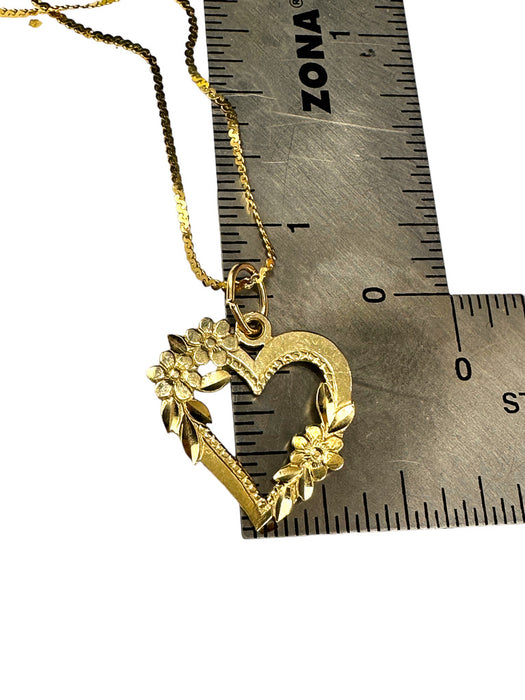 14K Gold Pendants Necklace Heart shape with Floral Design Necklace, 15”-EZ Jewelry and Decor