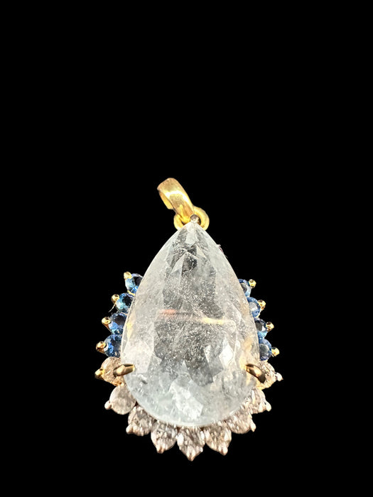 Natural Aquamarine, Sapphire & Diamond Drop Pendant , 13.7ct, 14k Yellow Gold certified-EZ Jewelry and Decor