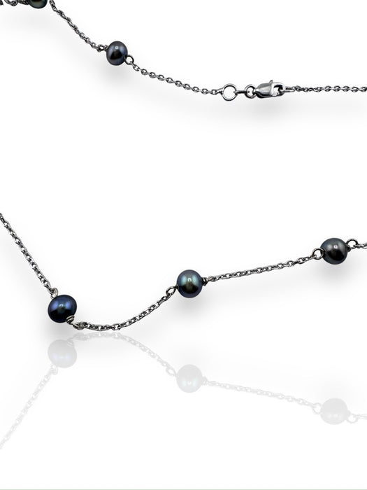 14K White Gold & Natural Black Pearl Choker Necklace. 16"-EZ Jewelry and Decor