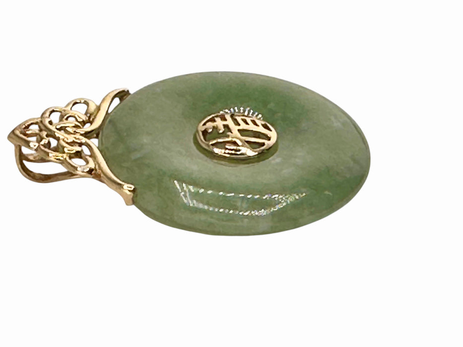 14K Jade Disk Pendant , Good Fortune Pendant 1.26 Inch Tall. Chinese Hand Crafted Jewelry