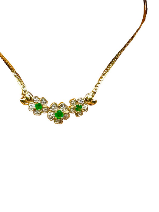 14K Gold Emerald & Diamond Necklace.Flower Design 17.5" . Made in Italy-EZ Jewelry and Decor