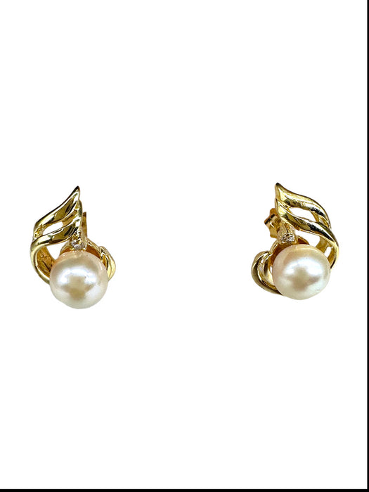 Stud Earring in 14K Gold, Diamond & Pearl Pierced Earrings