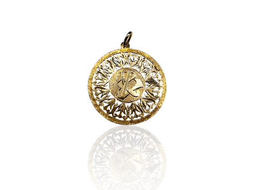 Circle 18k AB letters Pendant with Flower Motives. 7.5g , 1.5" Antique Hand Crafted-EZ Jewelry and Decor