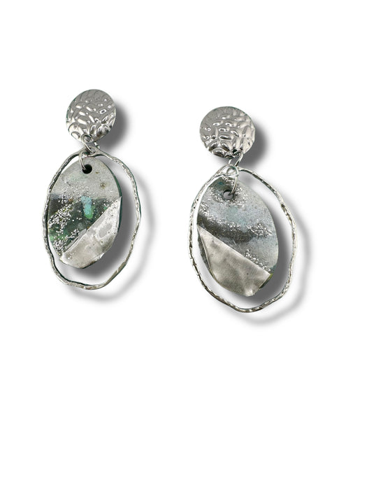 Modern Geometric Polymer Clay Earrings – Silver, Grey, Green | Handmade 2” Statement Jewelry - EZ Art, Decor & Jewelry