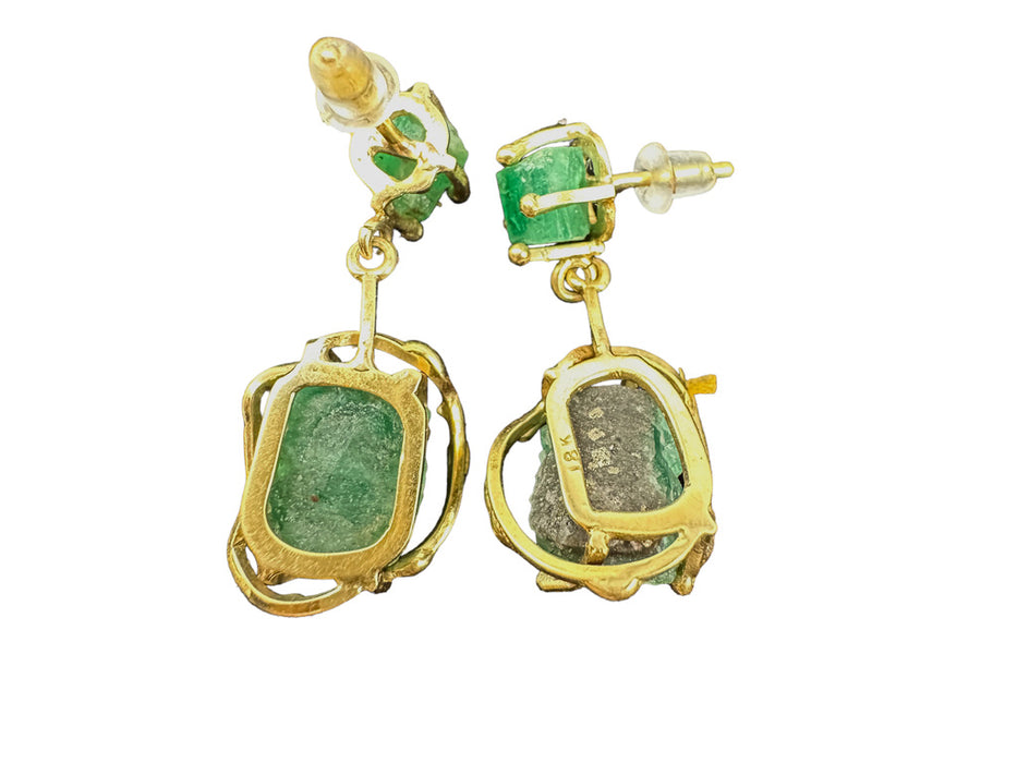 18K Gold Raw Opaque Emerald Earrings, Dangling Green Emerald and Gold Earrings. 1.26" T-EZ Jewelry and Decor