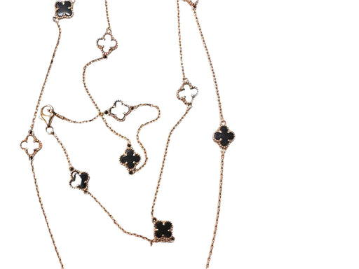 18k Gold Clover Necklace With Mother of Pearl and Onyx , 13 Motifs 32in Necklace-EZ Jewelry and Decor