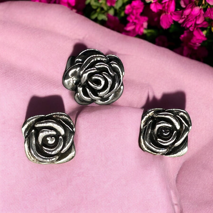 Sterling Silver Rose Earrings and Ring Set , Ring size 6.