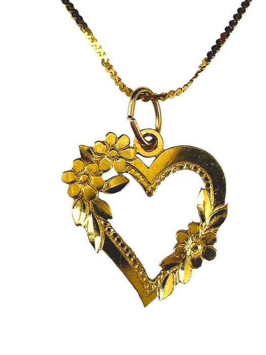 14K Gold Pendants Necklace Heart shape with Floral Design Necklace, 15”-EZ Jewelry and Decor