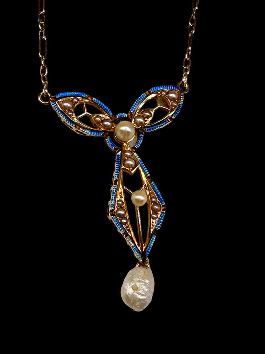 14K Gold and Natural Pearl 16"  Necklace, with Blue & Red enameled outline, Nouveau style-EZ Jewelry and Decor