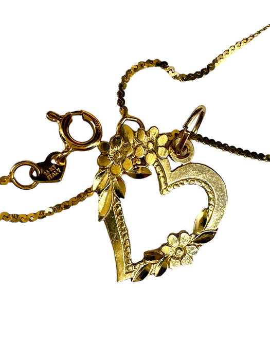 14K Gold Pendants Necklace Heart shape with Floral Design Necklace, 15”-EZ Jewelry and Decor