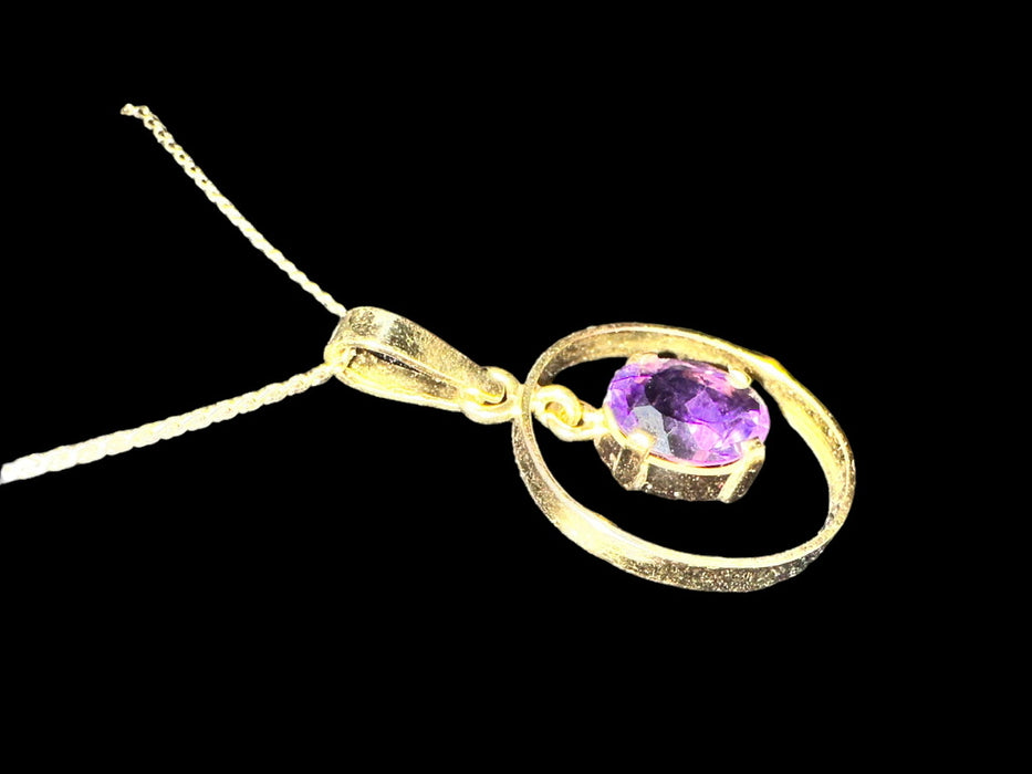 18k Gold and Purple Amethyst Pendant Necklace with 14K Gold Flat Chain Necklace 16”-EZ Jewelry and Decor