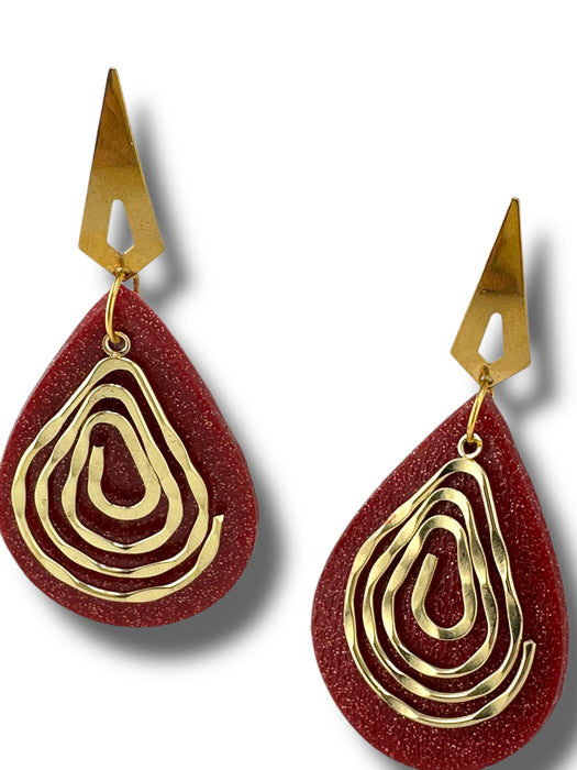 Red Gold Geometric Teardrop Statement Earrings – Handmade Polymer Clay , 3.5”