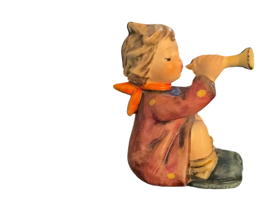 Small vintage porcelain figurine of a girl in a red dress playing a trumpet, orange scarf, and green shoes. - Vintage Goebel Hummel Figurines #391- Girl With Trumpet, TMK-4 - Decoration Color_Multi colors, Decoration Price_ 100 to 250, Decoration Size_Small, Decoration_ Porcelain / ceramic, Decoration_Figurine, Decoration_Hummel Figurin - Default Title - EZ Art, Decor & Jewelry