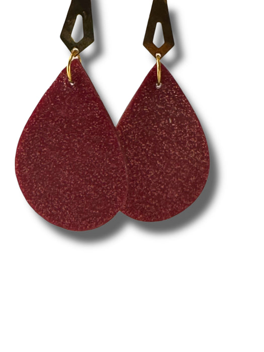 Red Gold Geometric Teardrop Statement Earrings – Handmade Polymer Clay , 3.5”