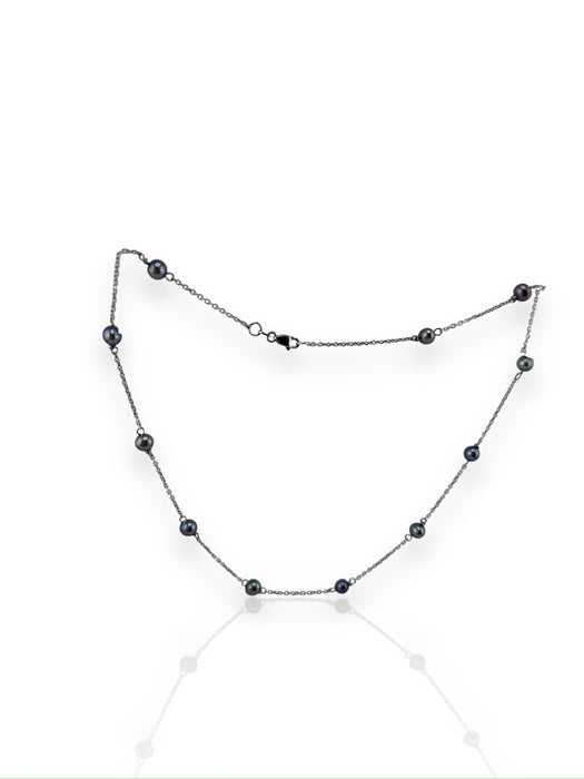 14K White Gold & Natural Black Pearl Choker Necklace. 16"-EZ Jewelry and Decor