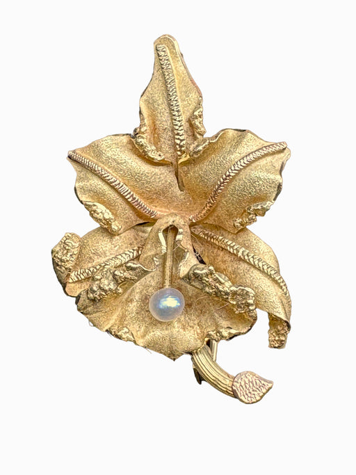 Elegant 18K Yellow Matt Orchid Brooch with Pearl. 1.7”-EZ Jewelry and Decor