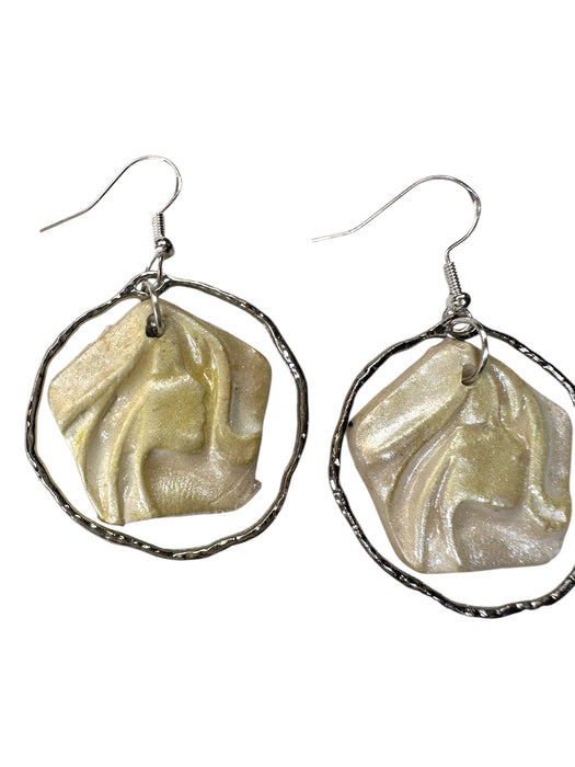 Abstract Face Earrings Polymer Clay Handmade, Modern Earrings, Yellowish Pearl Clay with Silver tone Circle