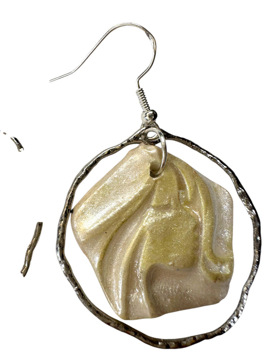Abstract Face Earrings Polymer Clay Handmade, Modern Earrings, Yellowish Pearl Clay with Silver tone Circle