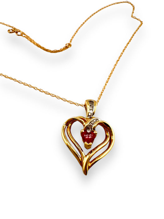 Pendant Necklace in Ruby & Diamond Swirl Heart Pendant 10k Yellow Gold-EZ Jewelry and Decor