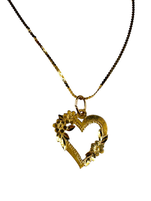 14K Gold Pendants Necklace Heart shape with Floral Design Necklace, 15”-EZ Jewelry and Decor