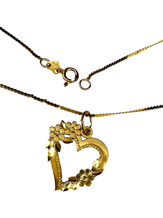 14K Gold Pendants Necklace Heart shape with Floral Design Necklace, 15”-EZ Jewelry and Decor