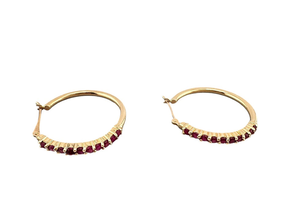 Ruby Hoop Earrings in 14K Yellow Gold, 1 in, 15th Anniversary,July Birthstone 