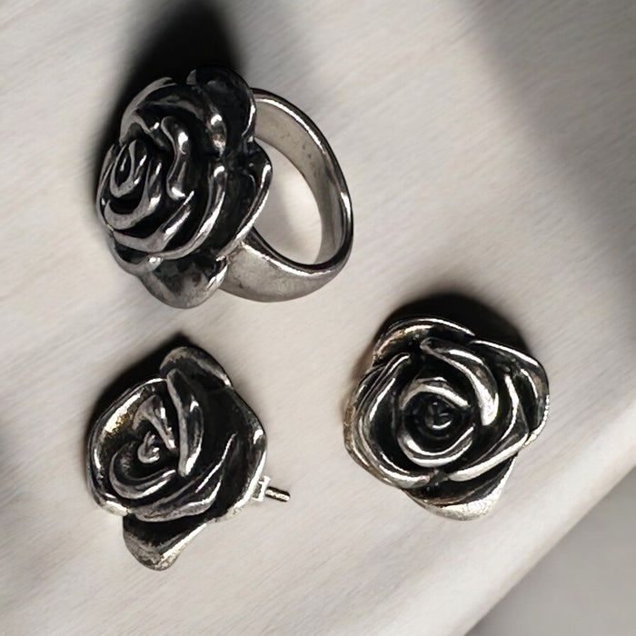 Sterling Silver Rose Earrings and Ring Set , Ring size 6.