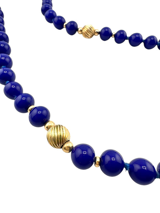 14K Yellow Gold Fine Blue Lapis Lazuli Beaded Necklace, 32"-EZ Jewelry and Decor