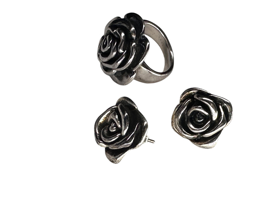 Sterling Silver Rose Earrings and Ring Set , Ring size 6.