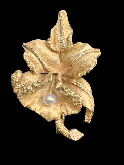 Elegant 18K Yellow Matt Orchid Brooch with Pearl. 1.7”-EZ Jewelry and Decor