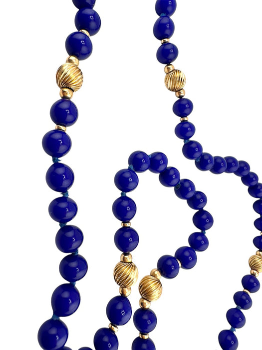 14K Yellow Gold Fine Blue Lapis Lazuli Beaded Necklace, 32"-EZ Jewelry and Decor