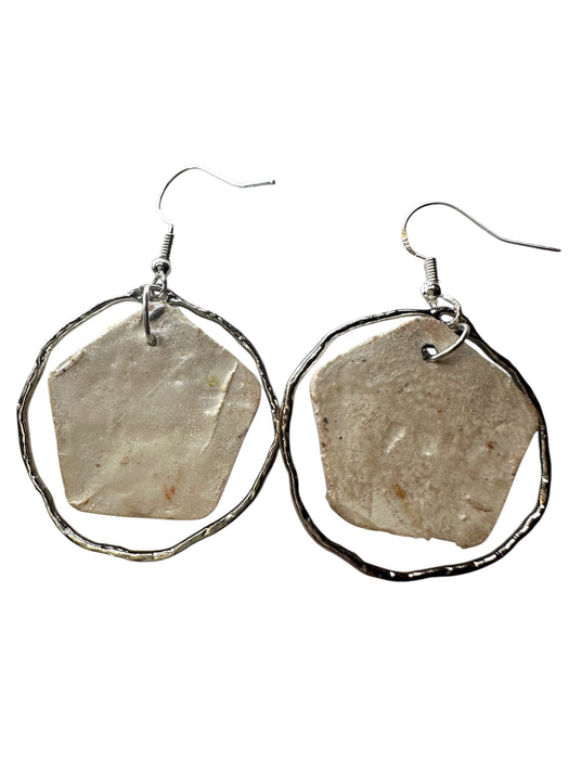 Abstract Face Earrings Polymer Clay Handmade, Modern Earrings, Yellowish Pearl Clay with Silver tone Circle