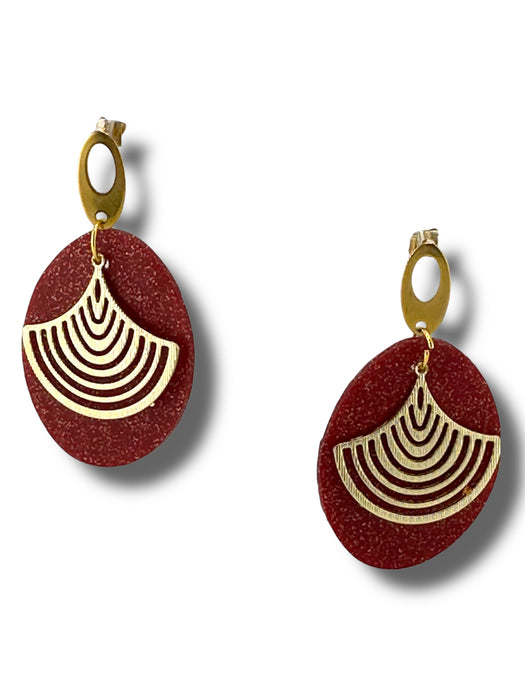 Red Gold Geometric Teardrop Statement Earrings – Handmade Polymer Clay , 3.5”