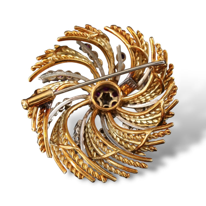 18K Rose Gold Italian Swirl Brooch with Rubies and Diamonds, 17.40g.