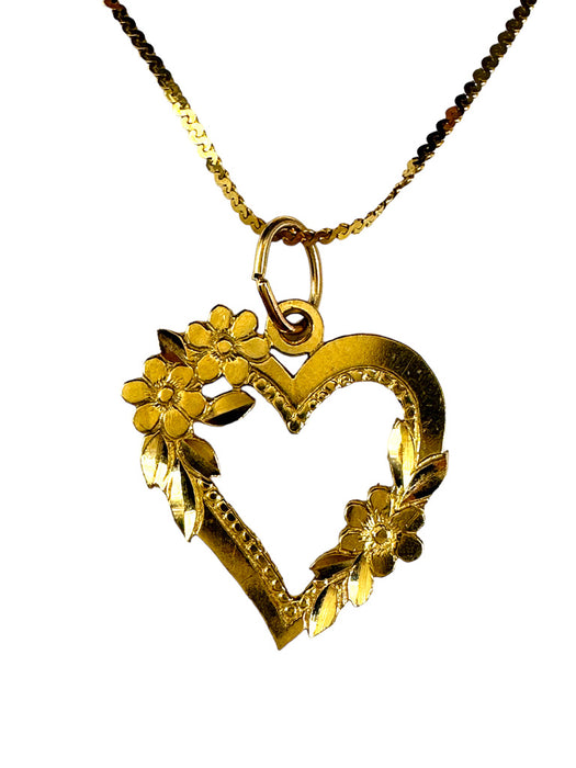 14K Gold Pendants Necklace Heart shape with Floral Design Necklace, 15”-EZ Jewelry and Decor