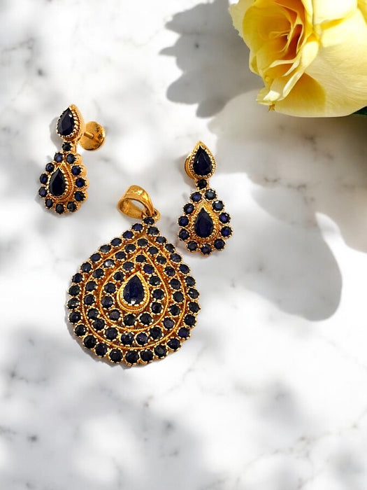 22k Gold and Sapphire Drop Design Set of Earring and Pendant . Buy as Set or Separately  18.74g