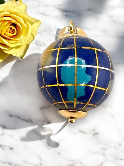 18K Gold Blue Globe Pendant Gold and Enamel Globe Pendant, 5.3g Half inch