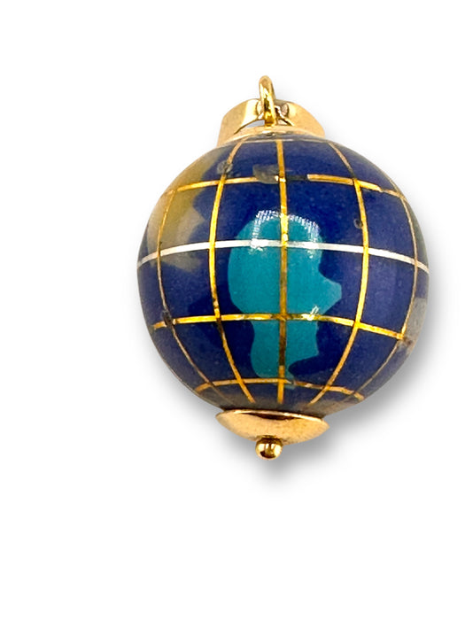 18K Gold Blue Globe Pendant Gold and Enamel Globe Pendant, 5.3g Half inch