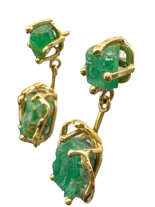 18K Gold Raw Opaque Emerald Earrings, Dangling Green Emerald and Gold Earrings. 1.26" T-EZ Jewelry and Decor