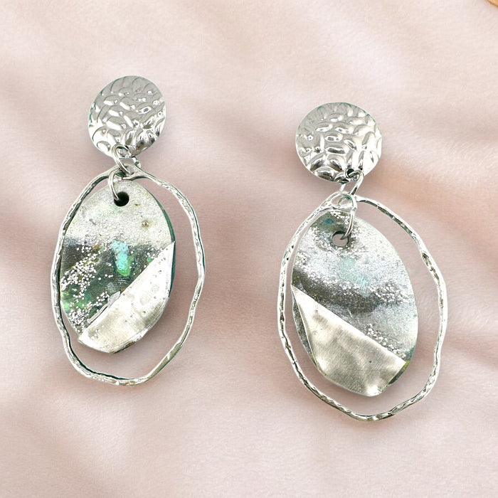 Modern Geometric Polymer Clay Earrings – Silver, Grey, Green | Handmade 2” Statement Jewelry - EZ Art, Decor & Jewelry