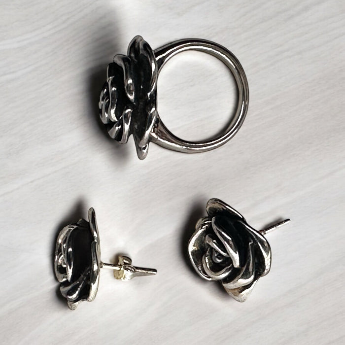 Sterling Silver Rose Earrings and Ring Set , Ring size 6.