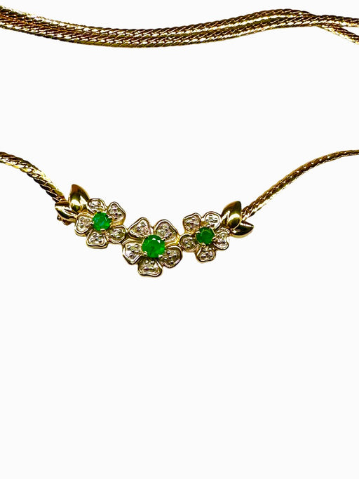 14K Gold Emerald & Diamond Necklace.Flower Design 17.5" . Made in Italy-EZ Jewelry and Decor